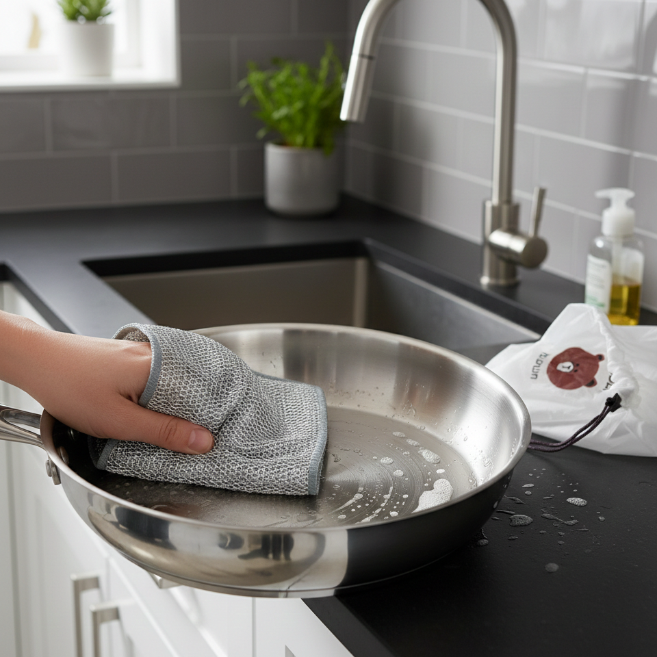 Combo Deal �2 Pcs Metal Wire Cleaning Cloths with 1 Bear Design Food Cover Packet �Kitchen Cleaning & Food Protection Set