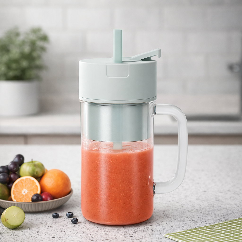 Portable Mini Crusher Juicer �USB Rechargeable Electric Juice Cup with Straw & Handle for Fresh Shakes and Smoothies
