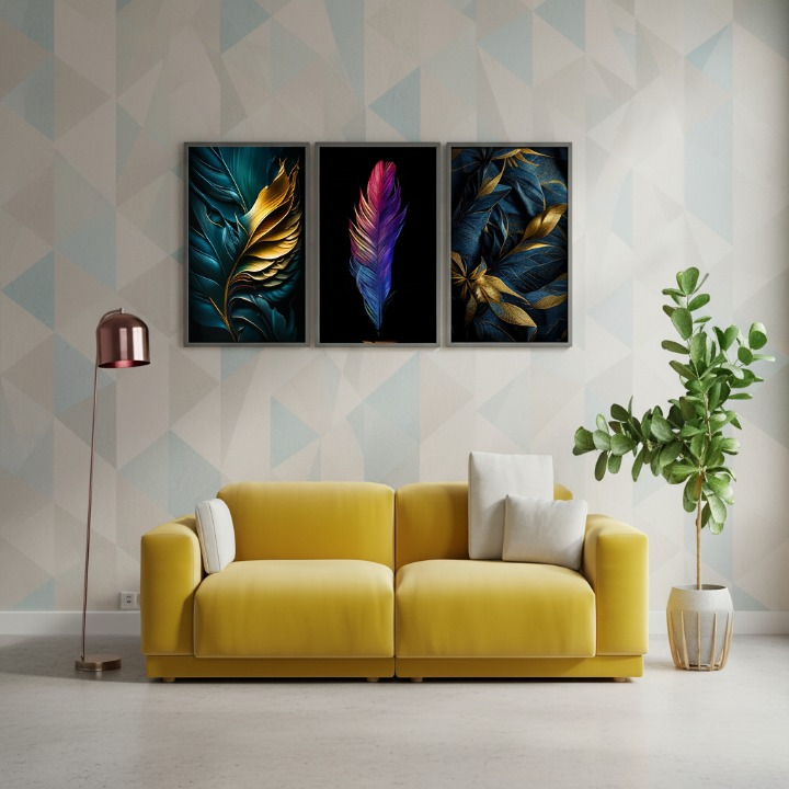 3-Piece Feather Design Wall Art Frames �Modern Decorative Wall Hanging Set, 8x11 Inches Each with Double Tape for Easy Installation