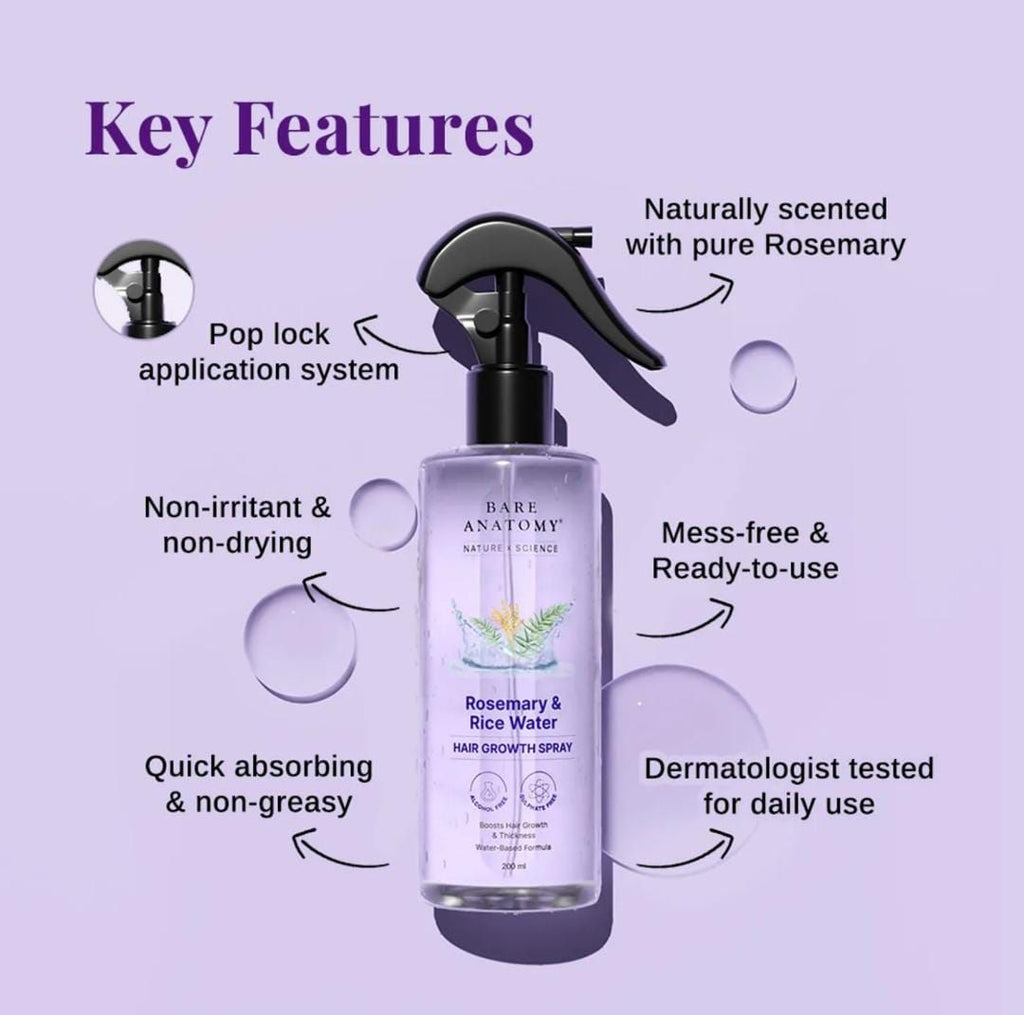 Bare Anatomy Rosemary & Rice Water Hair Growth Spray �200ml | Strengthen & Thicken Hair