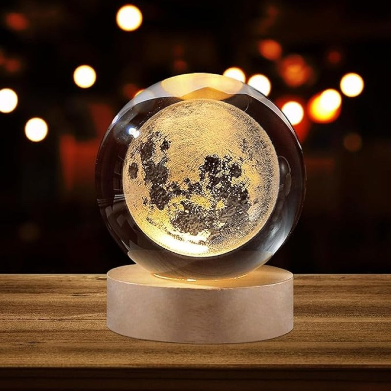3D Galaxy Crystal Ball Lamp with Wooden LED Base �Decorative Night Light (Only Moon Shape)