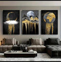 Set of 3 Wooden StickyTile Frames 8x11 �Black & Gold Wall Art with Moon, Mountains & Globe + Double Tape Included