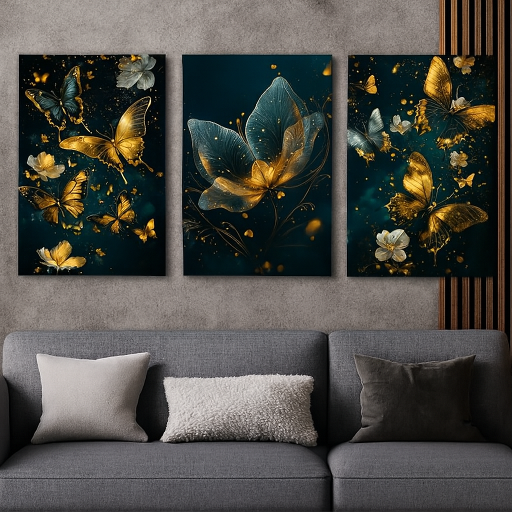 3 Pcs Butterfly Wall Art Frame Set �Elegant Golden Butterfly And Floral Design With Wooden Sticky Tile �8x11 Inches With Double Tape