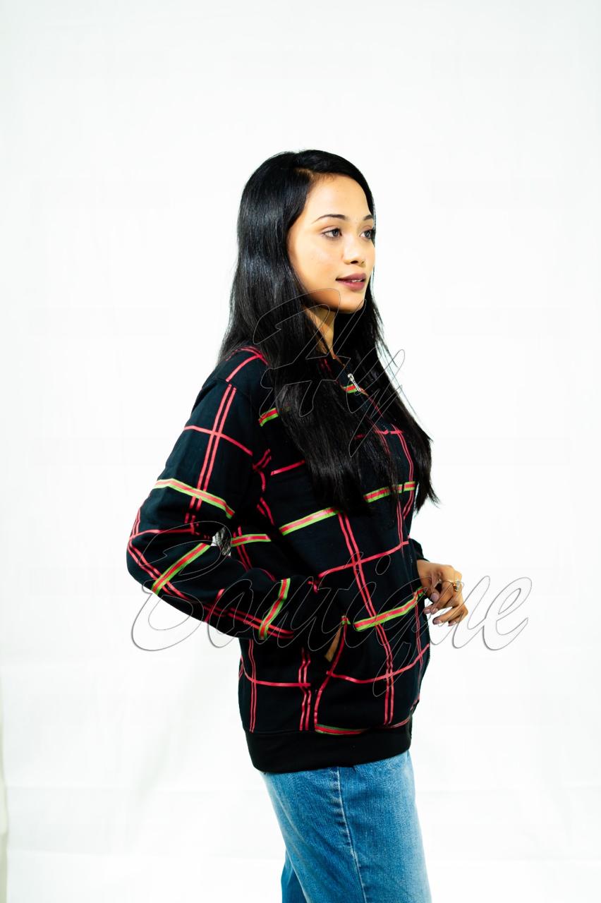 Winter Collection Women? Red & Green Lining Print Jacket | Stylish & Warm Outerwear | Trendy Winter Fashion for Ladies medium