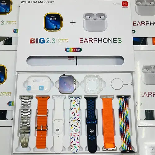 I20 Ultra Max Suit Smartwatch 10-in-1 Box �2.3-Inch Large Display with 7 Mixed Color Straps and AirPods 2 �Complete Smart Combo Set for Men and Women (Random Color)