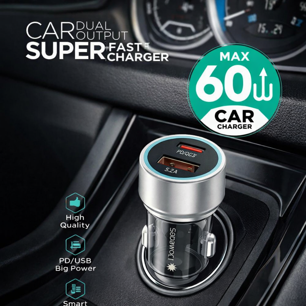Sabawoon S134 60W Original Car Charger Adapter �PD + USB Dual Port Fast Charging for All Mobile Phones