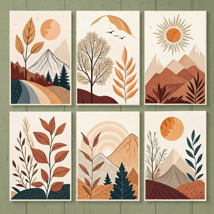Hills Moon Sun Leaves Wooden Wall Art �6 Piece Decorative Frame Set Made With Wooden Stickytile, Size 8x11 Inches Each, Easy To Mount With Double Tape