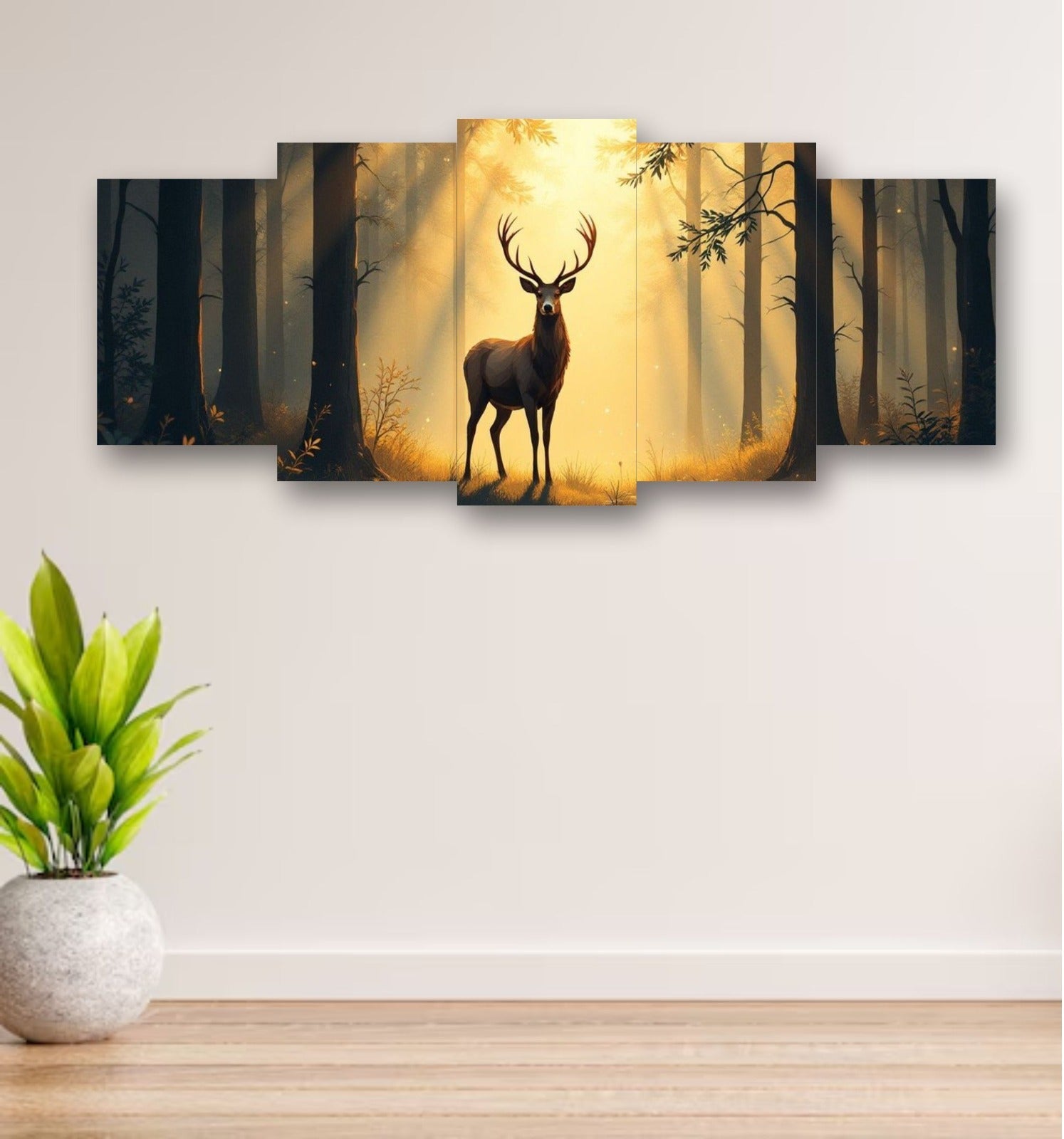 5-Piece Wooden Wall Frame �Deer in Forest Sunset Design | 16x40 Inch with Sticky Tiles