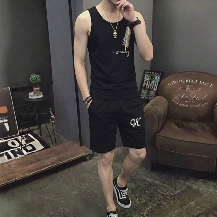 Men's Summer Sando & Shorts Set �Stretchable Cotton Jersey Fabric, Soft Breathable Sleeveless Top and Comfortable (Size Medium)