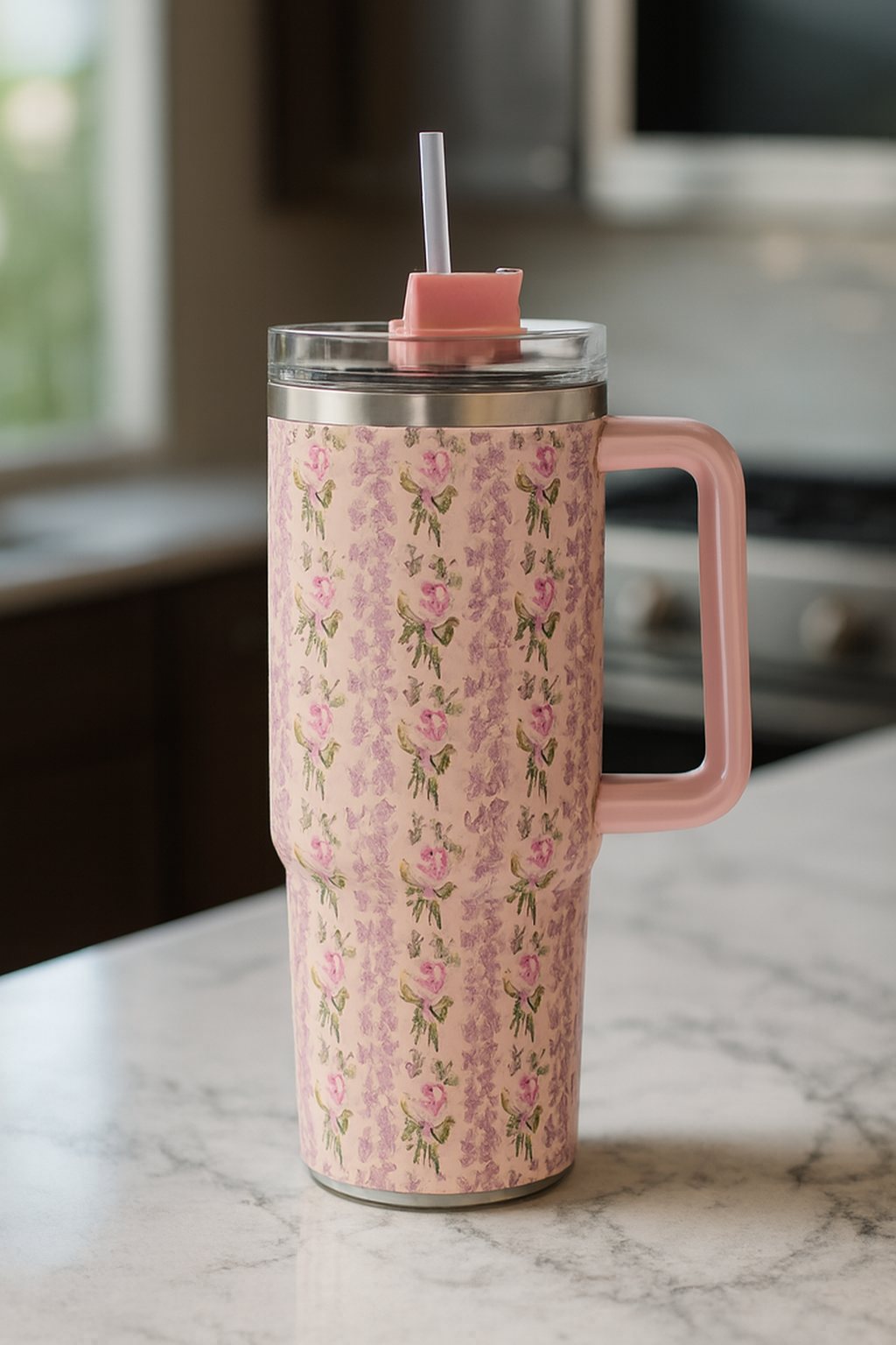 Floral Insulated Travel Tumbler 40oz �Double-Wall Vacuum Flask with Ergonomic Handle & Leak-Resistant Lid (Random Colour)