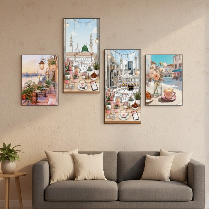 Set of 4 Modern Islamic Wall Art Prints | Wooden Sticky Tiles | 8x16" & 8x11" | Easy Wall D?or | Double Tape Included