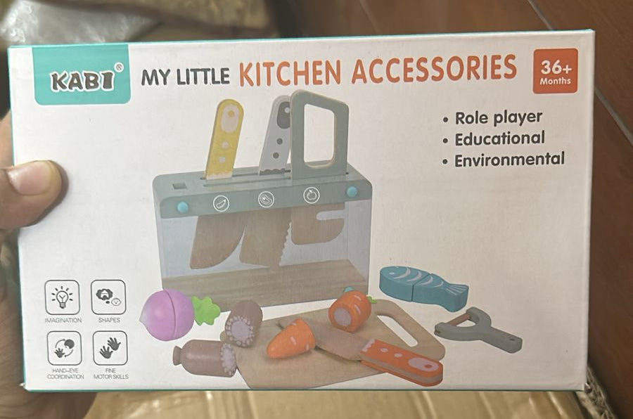 Wooden Kids Play Kitchen Set with Toy Utensils & Velcro Food �Montessori Pretend Cooking Playset