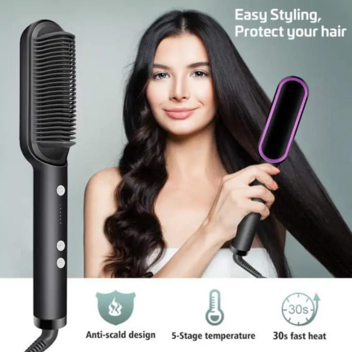 909 Hair Straightening Brush | Electric 2-in-1 Straightener & Curler | Heating Styling Comb | Quick 3-Minute Styling