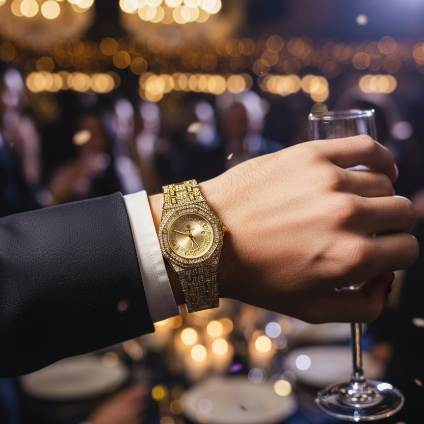 Luxury Gold Diamond-Studded Wrist Watch �Premium Designer Style Quartz Watch for Men & Women (Without Box)
