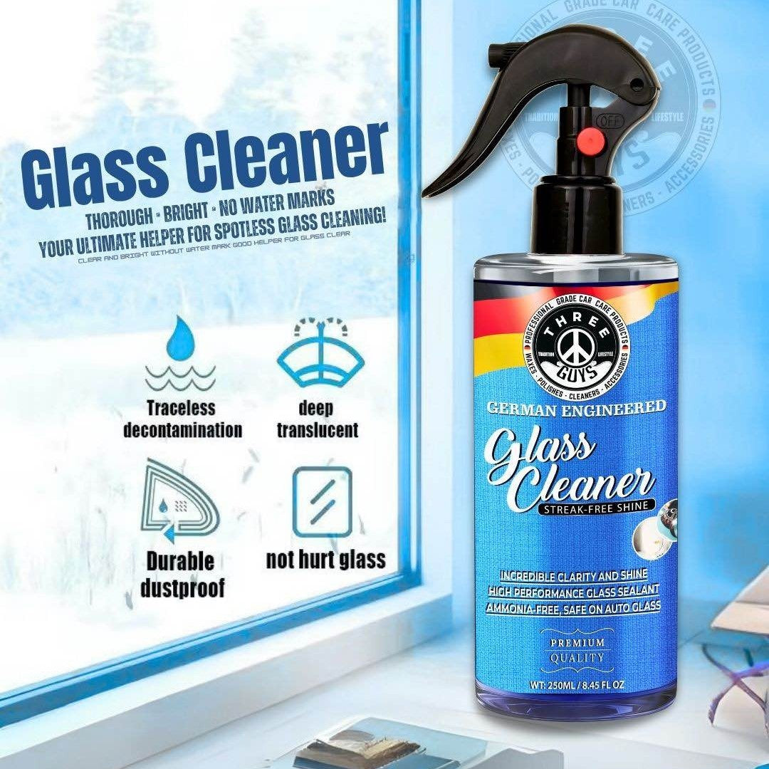 THREE GUYS Glass Cleaner Spray 250ml | Streak-Free Shine for Car & Home | German Engineered Auto Glass & Window Cleaner