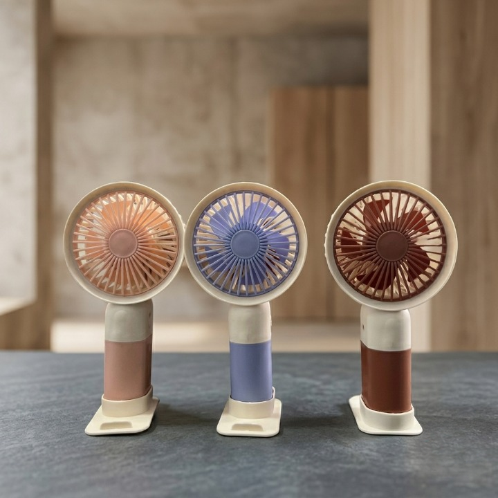 Mini Cute Rechargeable Handheld Fan with Integrated Mobile Stand Base �Premium Single-Speed Portable Desktop Fan