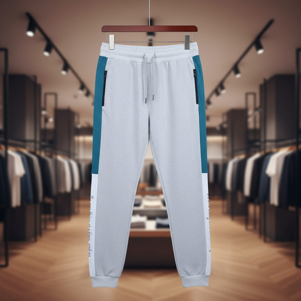 Grey Panel Trouser For Men French Terry Fabric Adjustable Waist 28 To 34 Inches Length 40 Inches