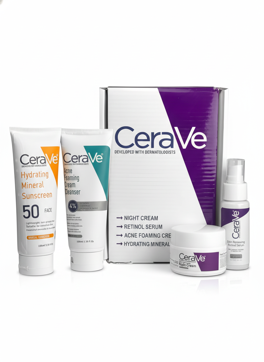 CeraVe Complete Skincare Combo Kit �Sunscreen SPF 50, Acne Cleanser, Retinol Serum & Night Cream