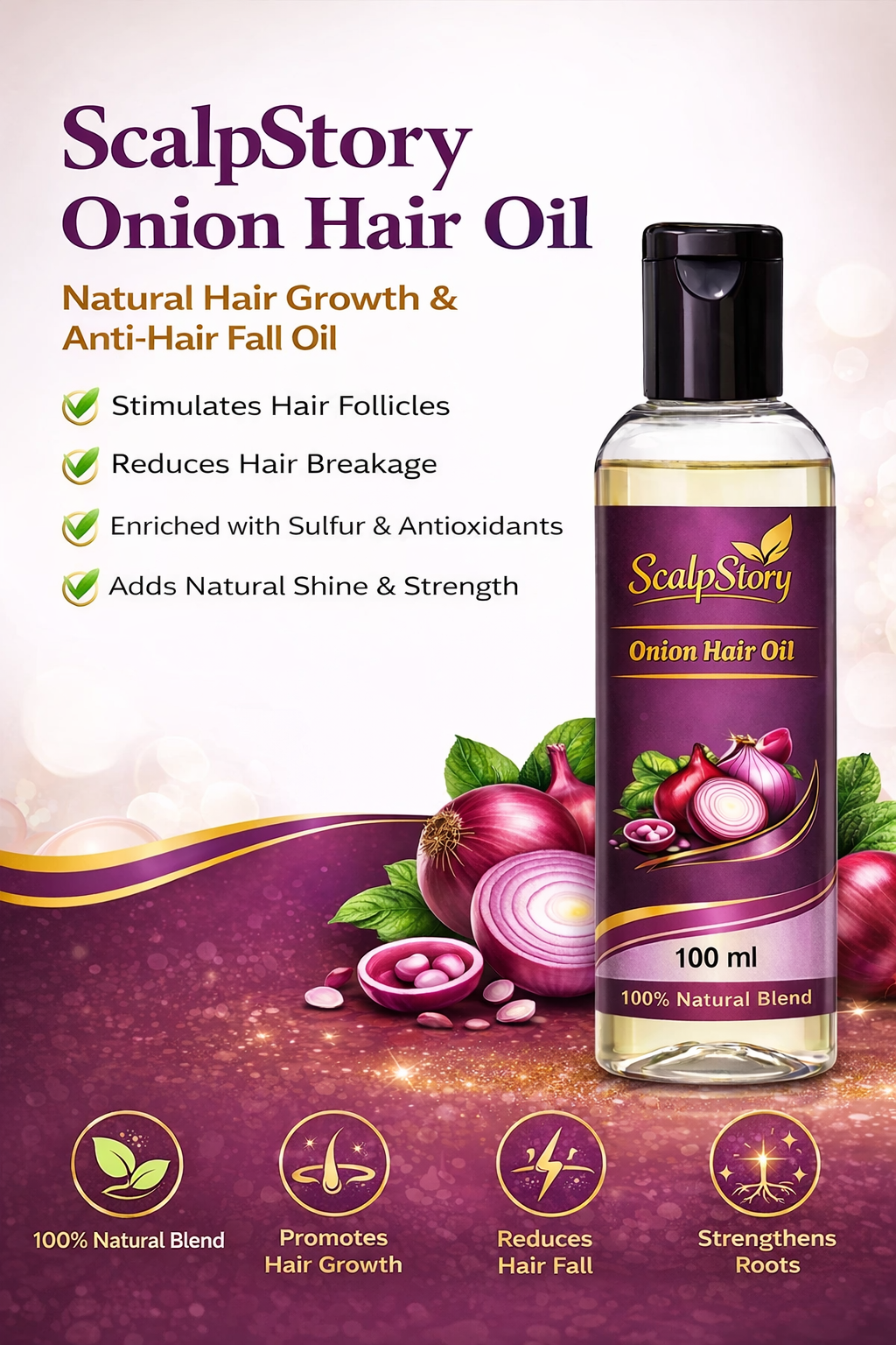 Onion Hair Oil �Natural Hair Growth & Anti-Hair Fall Oil with Sulfur & Antioxidants | Strengthens Roots & Adds Shine | 100 ml