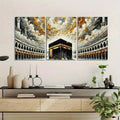 Khana Kaba Wooden Wall Art �3 Piece Islamic Frame Set Made With Wooden Stickytile, Each Frame 8x11 Inches, Easy To Install With Included Double Tape