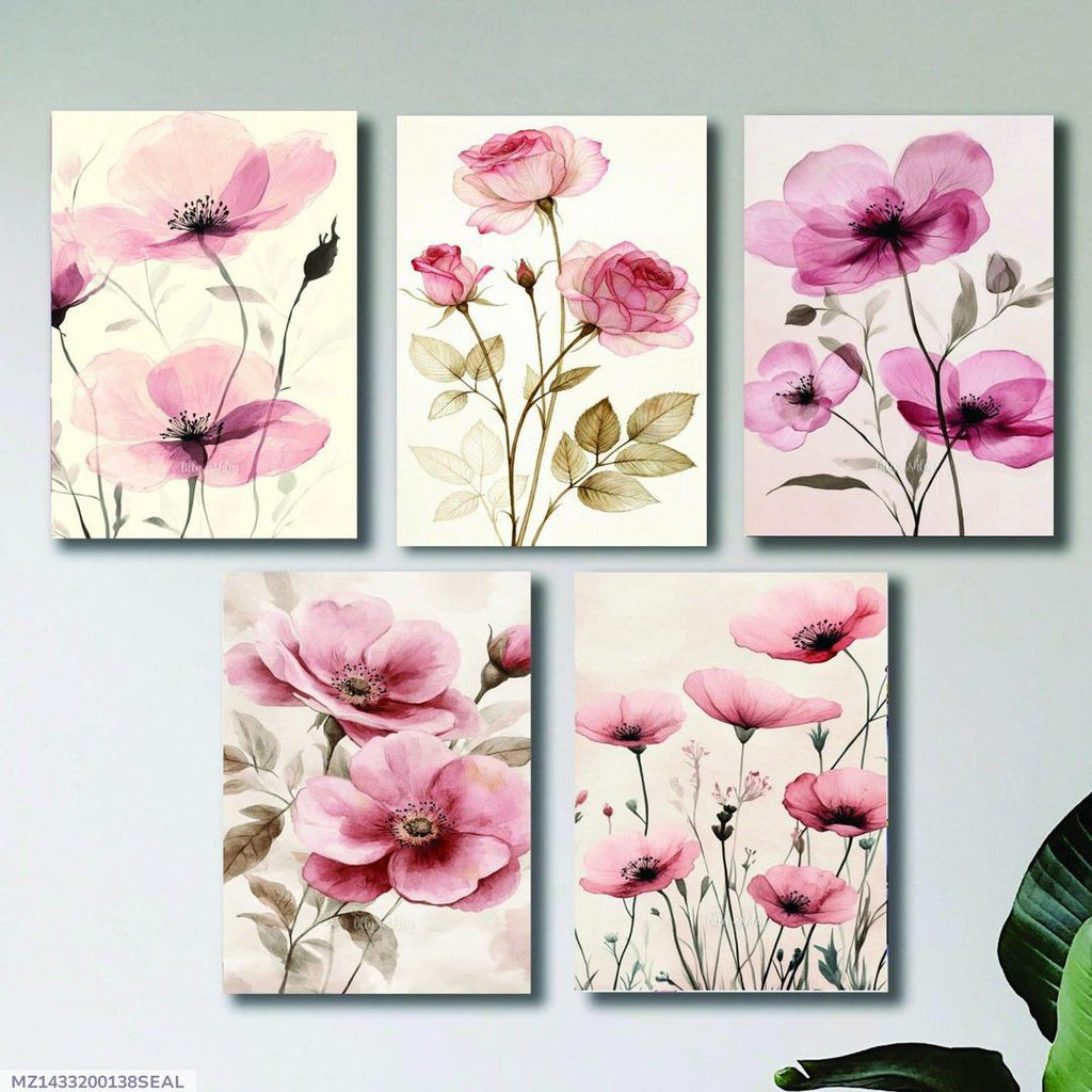 Set of 5 Floral Wooden Wall Frames �8x11 Inch Decorative Art Panels with Double Tape