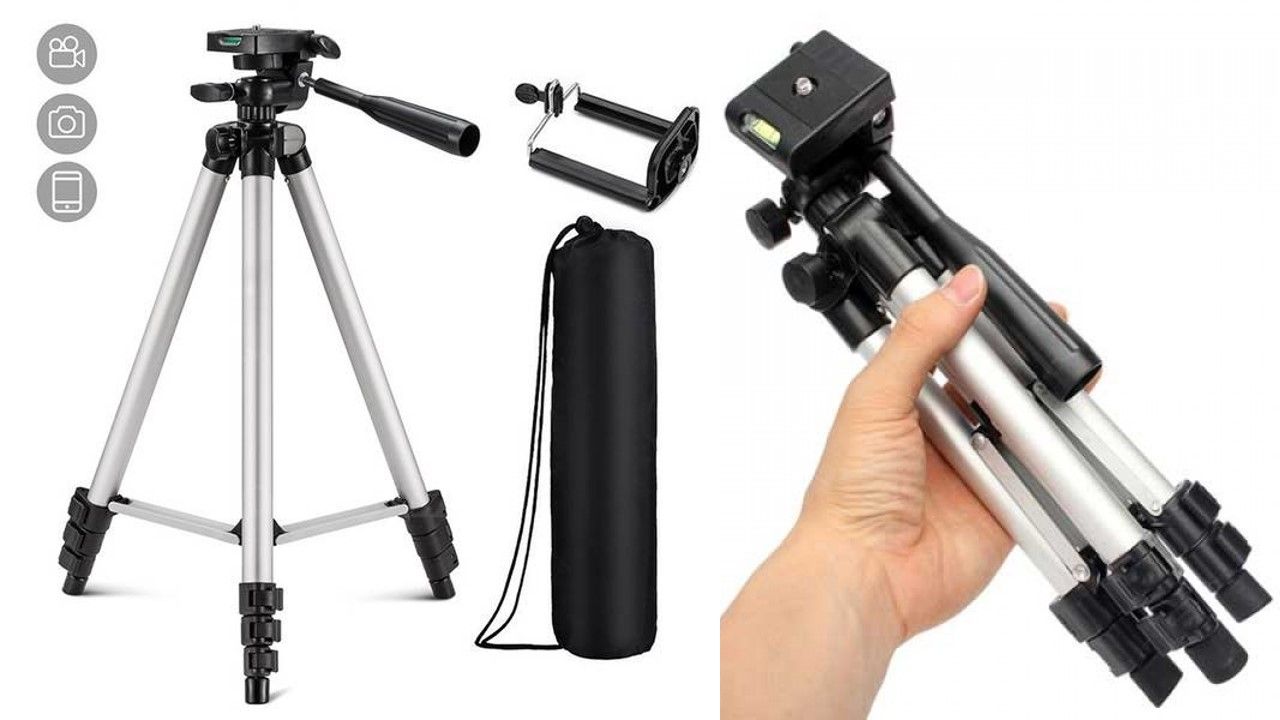 Adjustable Tripod Stand for Mobile Phones and Cameras with Mobile Holder, Portable DSLR Stand for Vlogging, Universal Silver Model 3110 and Bag