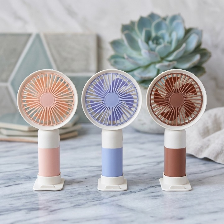 Mini Cute Rechargeable Handheld Fan with Integrated Mobile Stand Base �Premium Single-Speed Portable Desktop Fan