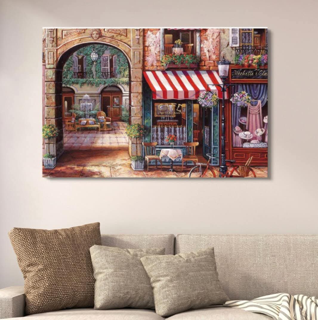 Romantic European Caf�Wall Art Canvas | Vibrant Street Scene Painting for Home Decor | Large Landscape Wall Decor - 12x16 Inches