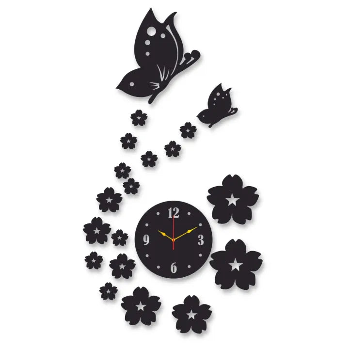 3d wall clock | Wall Clock With Wooden Butterflies  , Flowers  with light