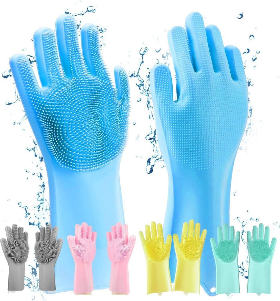 Magic Silicone Dish washing Gloves �Reusable Rubber Cleaning Gloves with Built-In Scrubber for Kitchen &amp; Household Use (Random color)