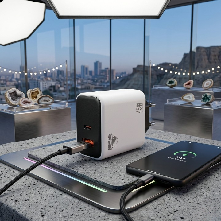 45W Multi Protocol Dual Port Travel Fast Charger Model GCH 20 With Integrated EU Europlug Type C Connector