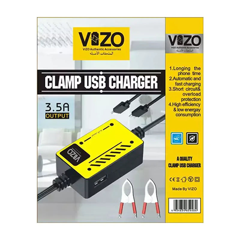 Vizo V5000 �Multi-Port Clip Charger | V5000 �3.5A Multi-Port Clip Charger with Micro USB, Type-C &amp; USB-A | Versatile Clamp Design for Smartphones &amp; Tablets