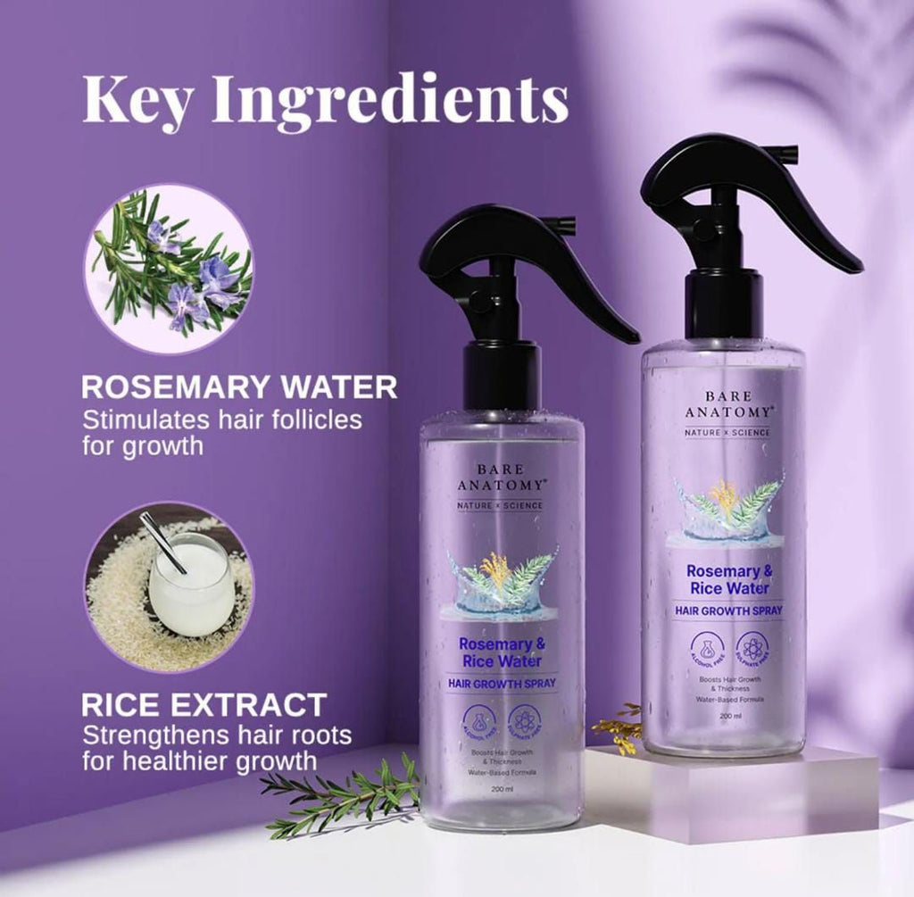 Bare Anatomy Rosemary & Rice Water Hair Growth Spray �200ml | Strengthen & Thicken Hair | Made In India