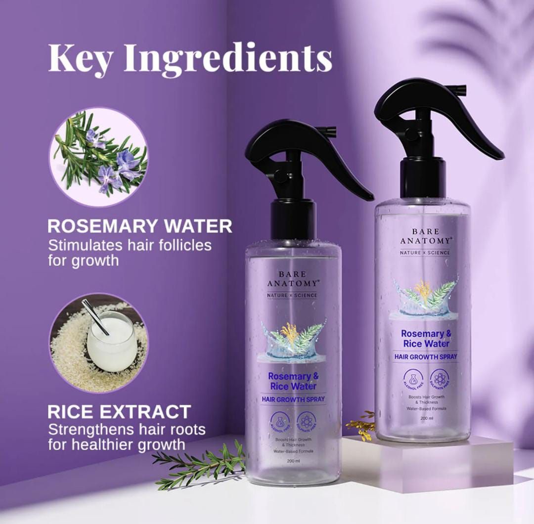 Bare Anatomy Rosemary & Rice Water Hair Growth Spray �200ml | Strengthen & Thicken Hair | Made In India