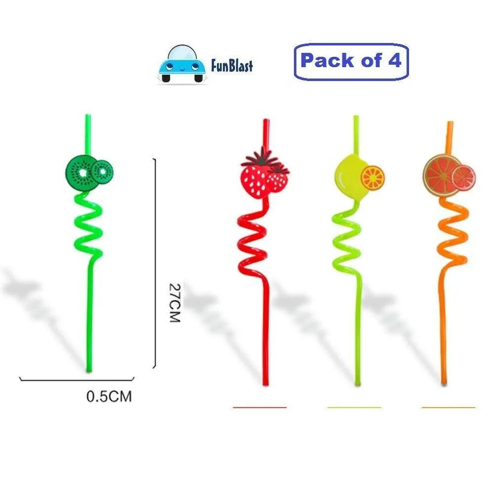 Fruit Themed Curly Straws Pack of 4 ABS Plastic