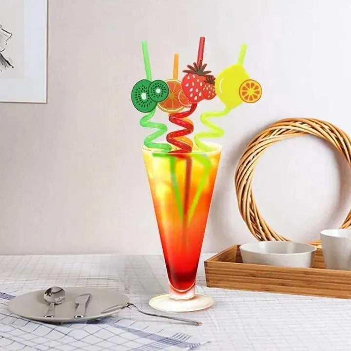 Fruit Themed Curly Straws Pack of 4 ABS Plastic