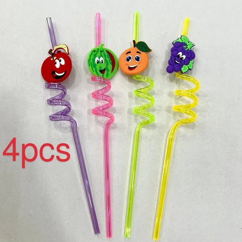 Fruit Themed Curly Straws Pack of 4 ABS Plastic