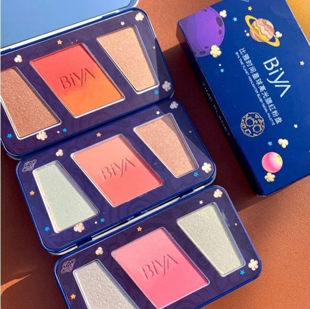 3 in 1 Colors Facial Blush Gradual Powder Blusher Shimmer Highlighter Three-dimensional Brightening Powder Blusher Palette - Biya Korean Highlighter &amp; Blush Palette