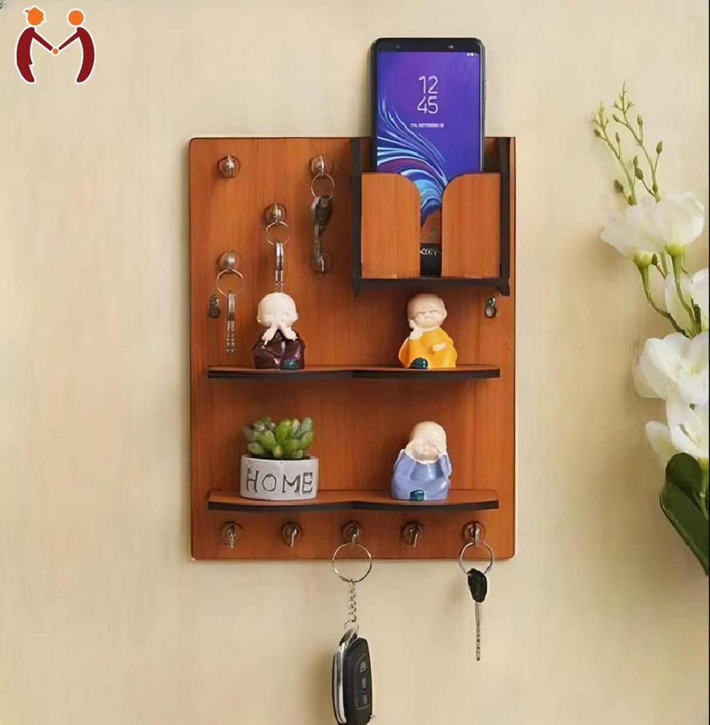 Wooden Keys & Phone Holder with 6 Hooks