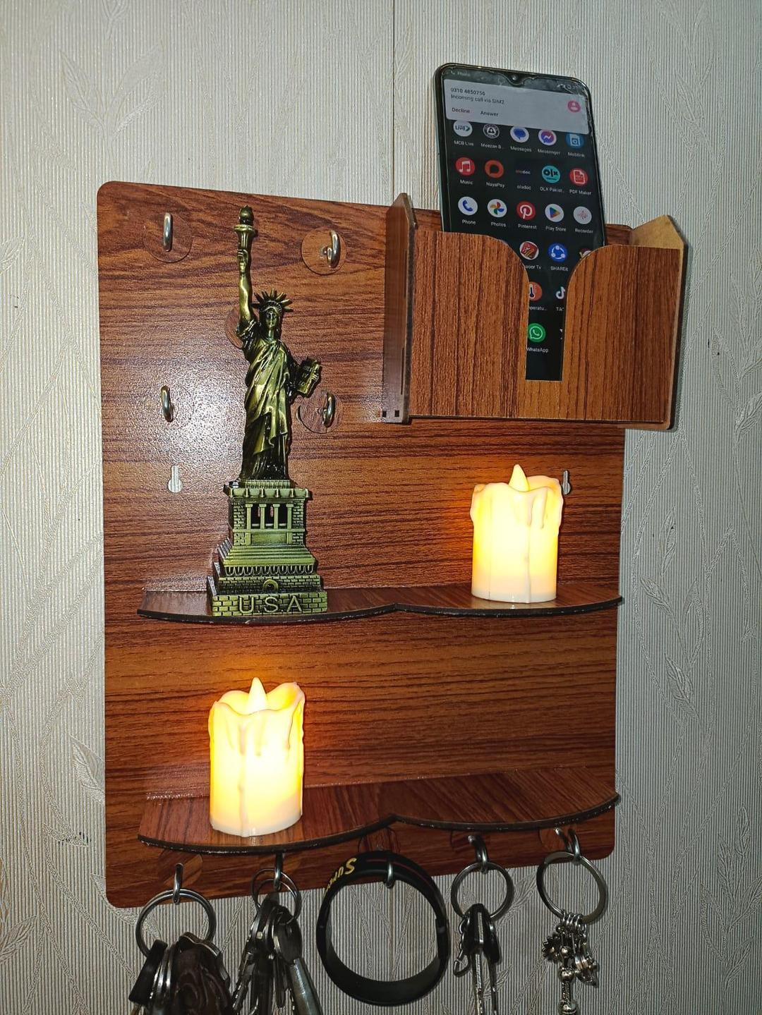 Wooden Keys & Phone Holder with 6 Hooks