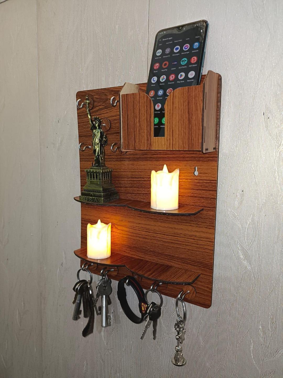 Wooden Keys & Phone Holder with 6 Hooks