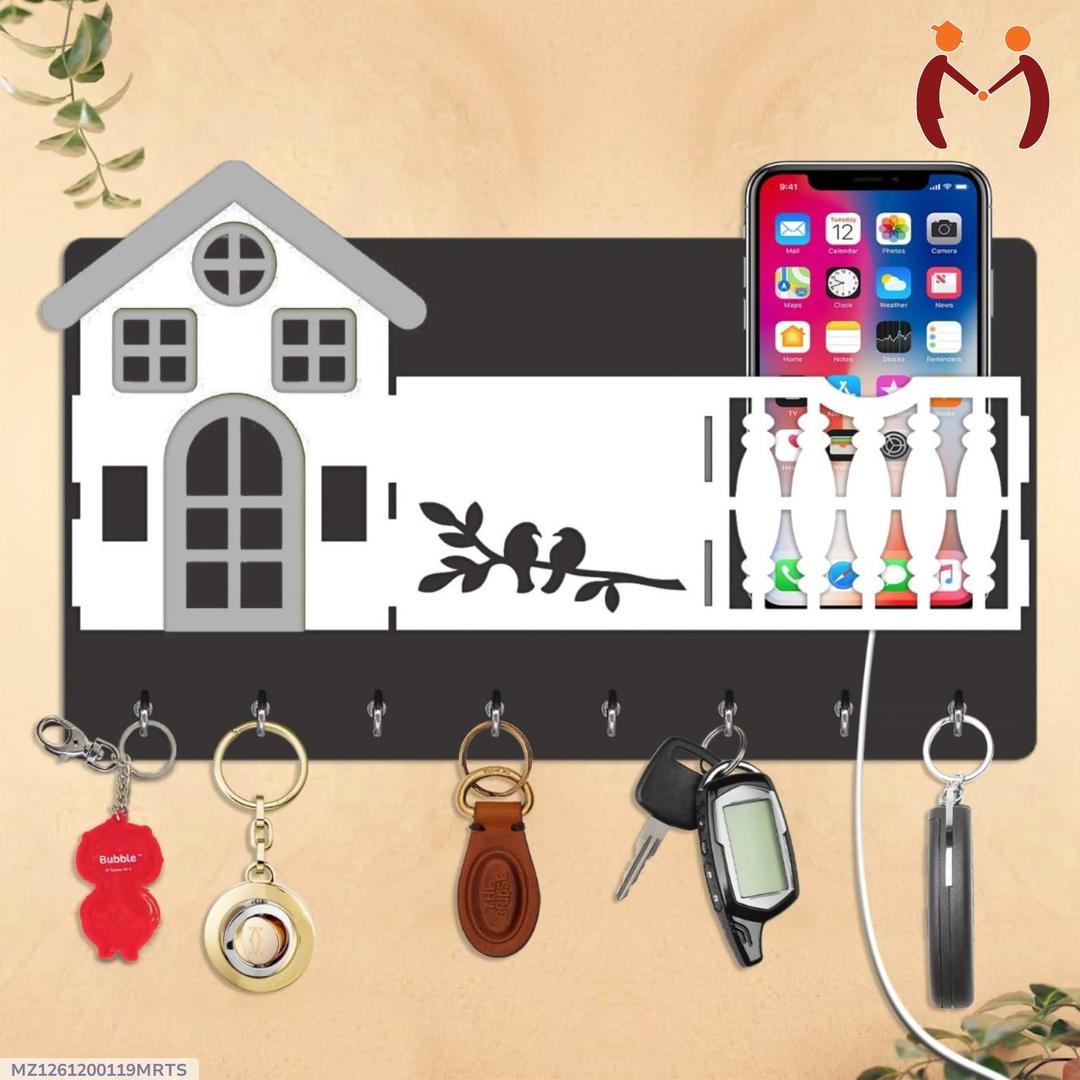 Wooden Mobile Holder with Sparrow Design for Home Entryway