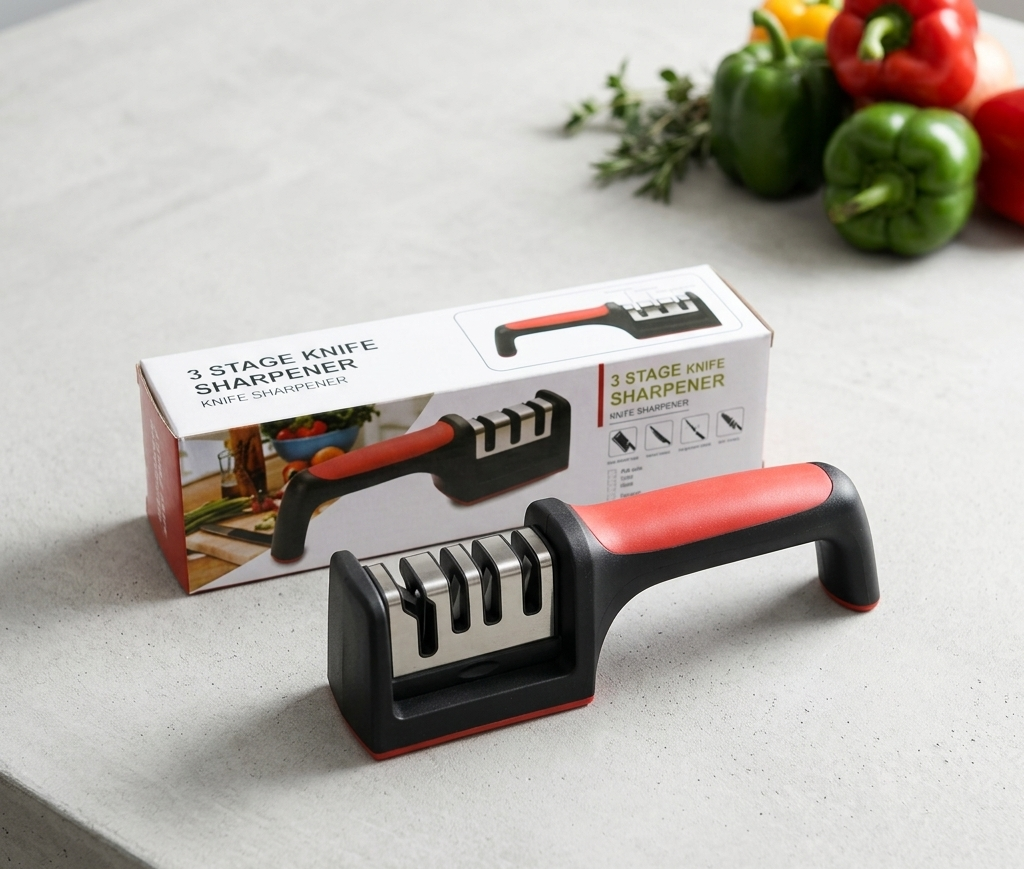 Professional 3-Stage Kitchen Knife Sharpener | Manual Sharpening Tool for Steel & Ceramic Knives | Ergonomic Handle & Non-Slip Base for Effortless Grip
