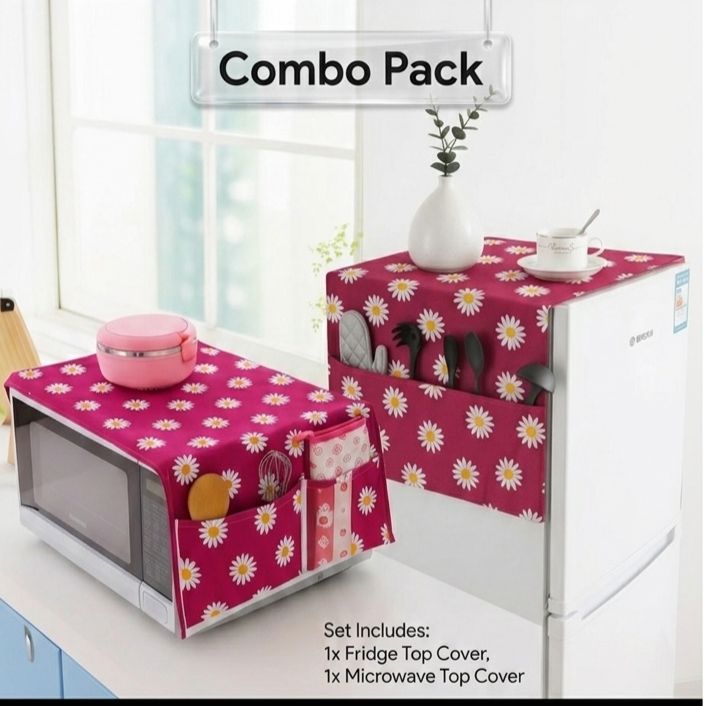 Microwave Oven & Refrigerator Top Cover Combo Pack �Dust-Proof Kitchen Appliance Protectors with Storage Pockets - Random color