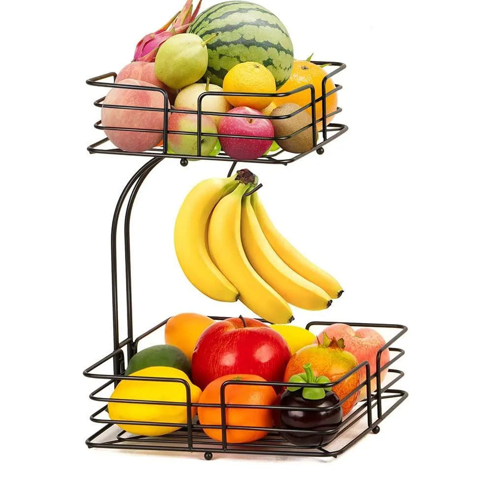 2-Tier Black Iron Fruit Basket for Kitchen