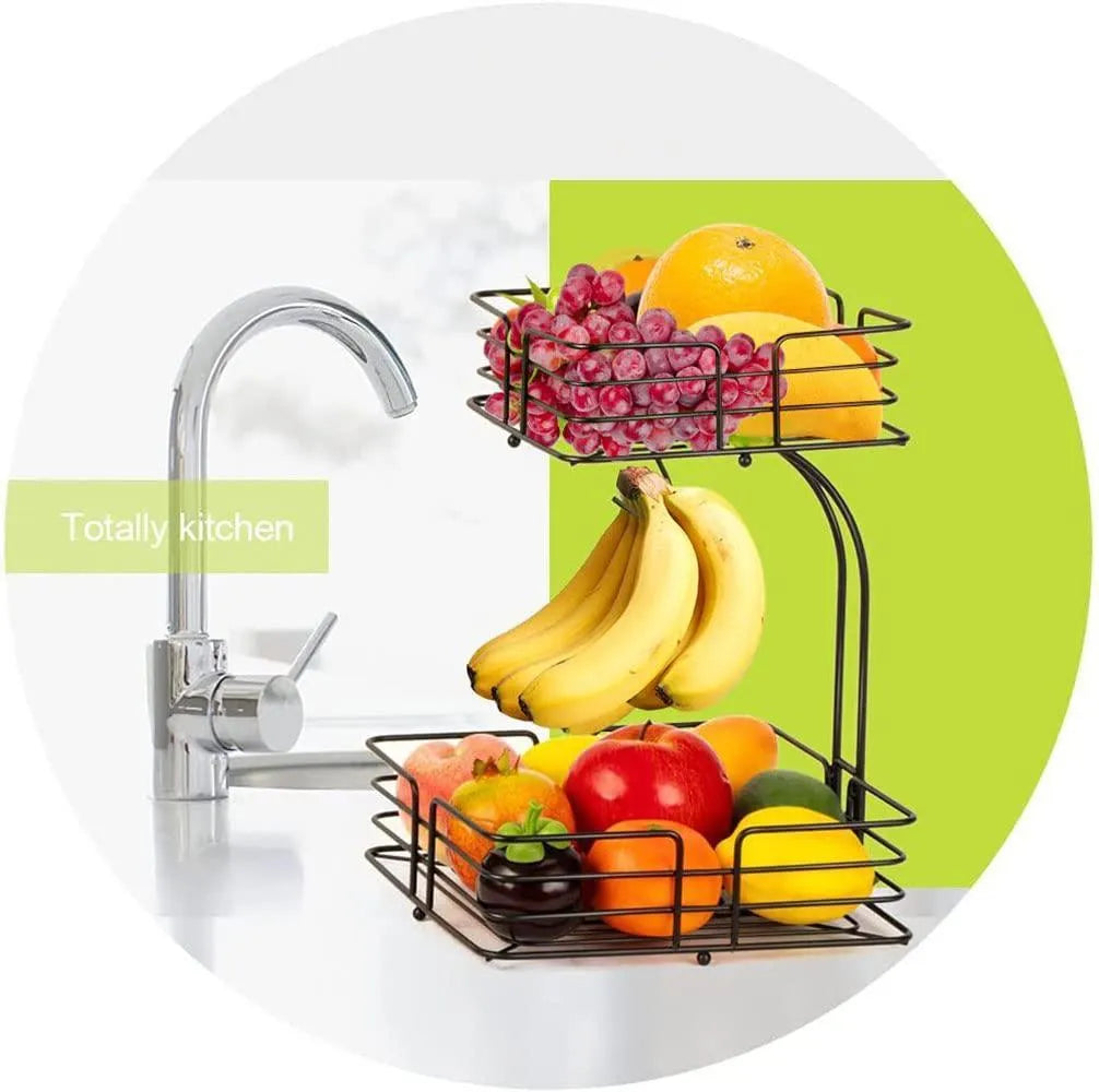 2-Tier Black Iron Fruit Basket for Kitchen