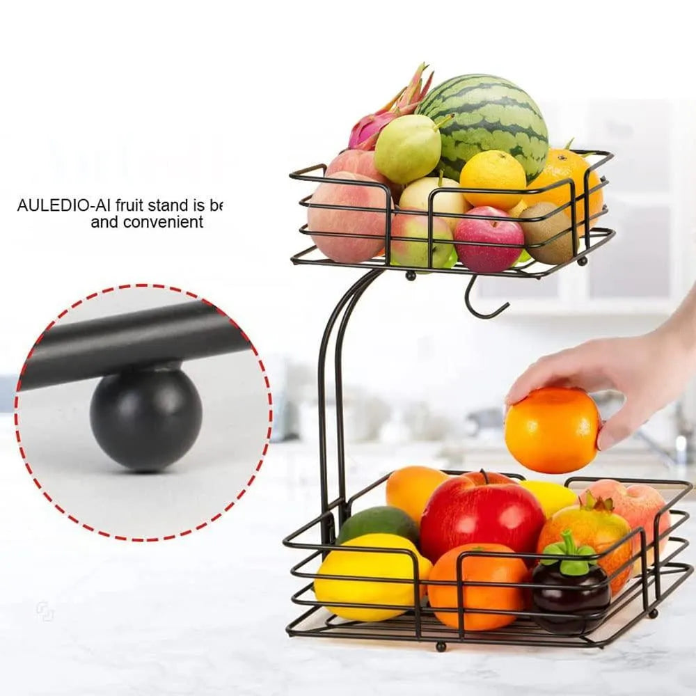 2-Tier Black Iron Fruit Basket for Kitchen