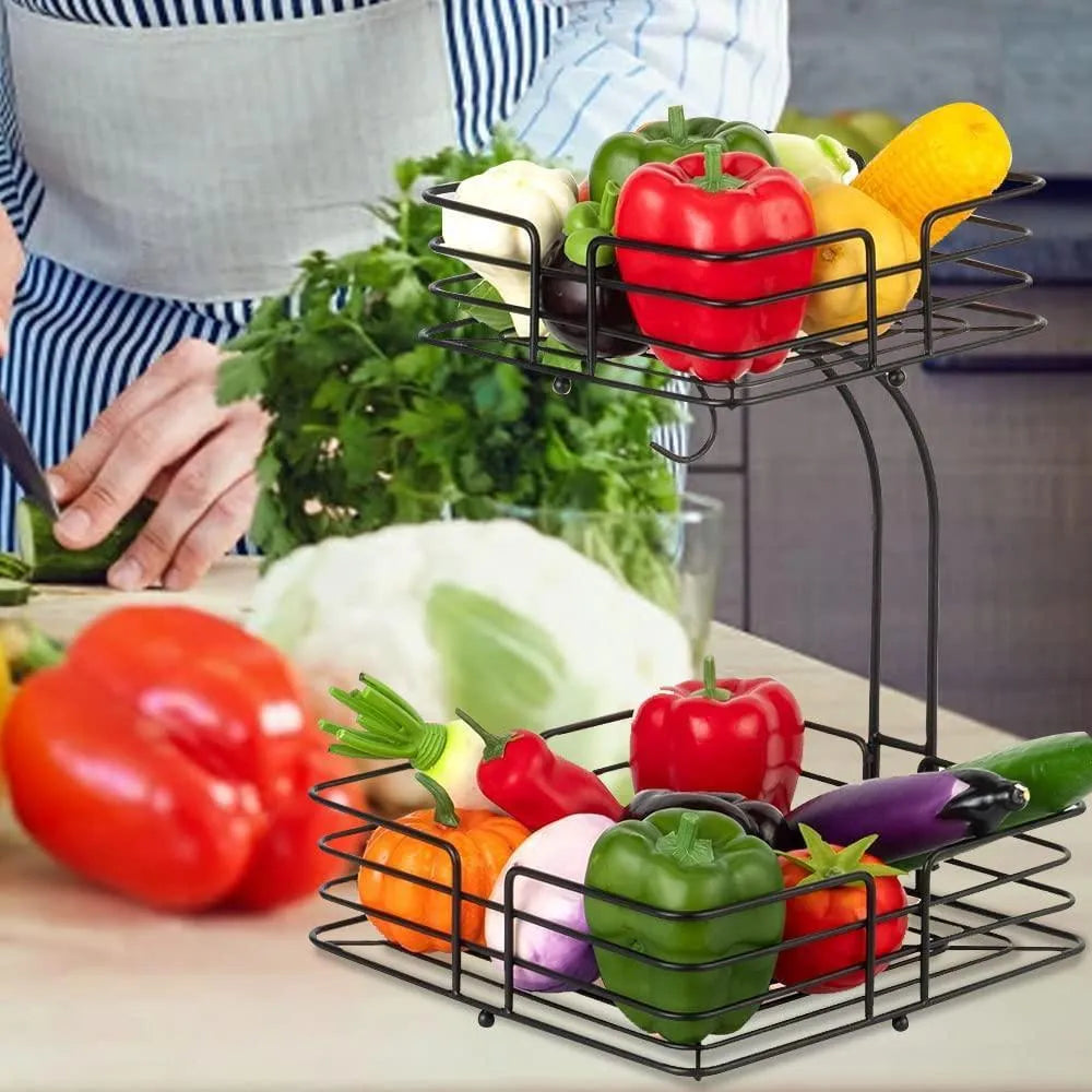 2-Tier Black Iron Fruit Basket for Kitchen