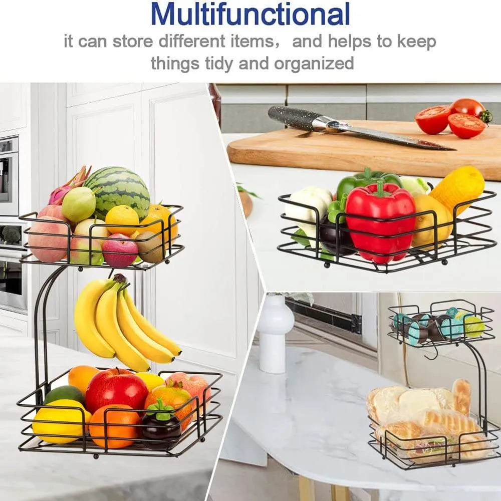 2-Tier Black Iron Fruit Basket for Kitchen