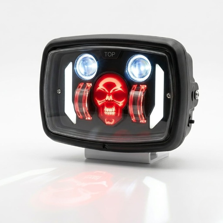 Premium Skull Headlamp for Honda CD70 & CG125 �Aggressive Red Skull DRL with Dual LED Projectors
